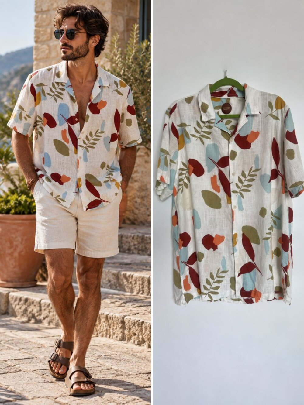 Common People Cream Multicolor Botanical Leaf Camp Collar Shirt Relaxed XL
